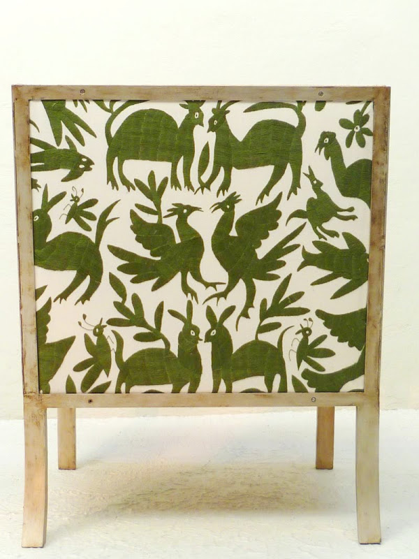 Back of Ixelles Wing back chair with seat and back upholstered in white with green animals and plants by Casamidy