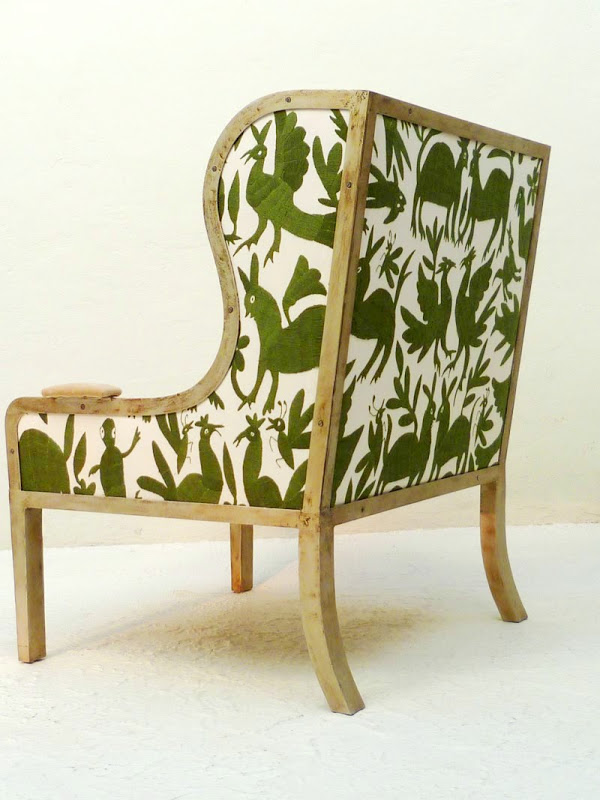 Ixelles Wing back chair with seat and back upholstered in white with green animals and plants by Casamidy