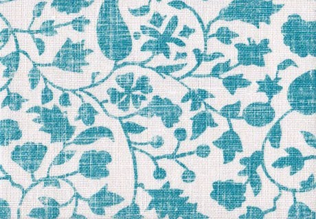 Distressed turquoise floral pattern on heavy linen from Mally Skok Design