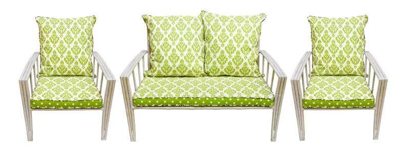 Aluminum Sette & Chairs with cushions covered in a green polka dot and paisley reversible fabric