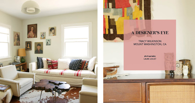 On the right is an image of the cover of "A Designer's Eye" and on the left is a photo of Tracy Wilkinson's Living room with a white sofa with red, white and blue accent pillows, a cow hide rug, a white armchair and a natural wood coffee table