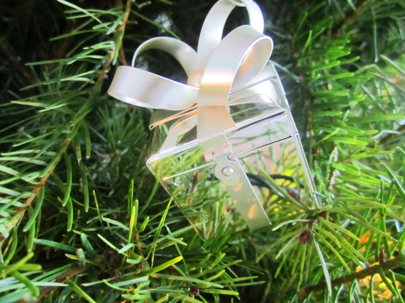 Close up of a present Christmas ornament in a Christmas tree