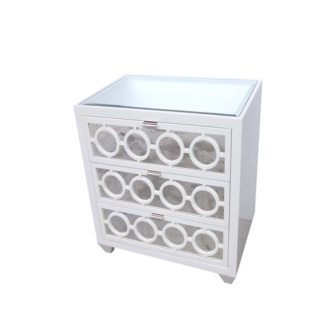 Nightstand or side table from Clayton Gray Home with three drawers, lacquered wood and a mirrored top and face
