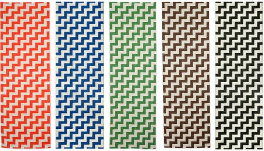 Plastic, washable rugs from Brita Sweden in orange, blue, green, brown and black chevron