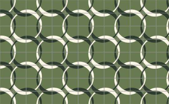 Green cement Moroccan tiles with a black and white interlocking circle print