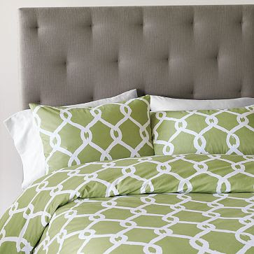 Green and white bedding with graphic chain link pattern from West Elm