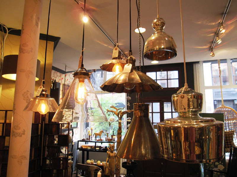 Brass, nickle, glass, mercury glass and vintage pendant lights in Michele Varian