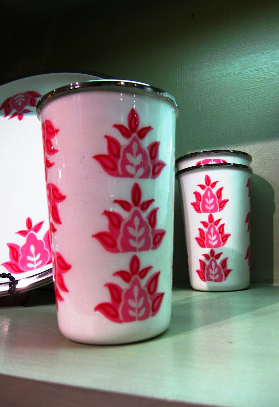 White and hot pink enamel and metal cups and plates from Michele Varian