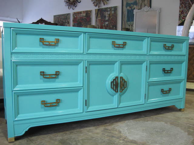Turquoise blue lacquered cabinet, dresser or sideboard with brass hardware from Sabina Danenberg Antiques