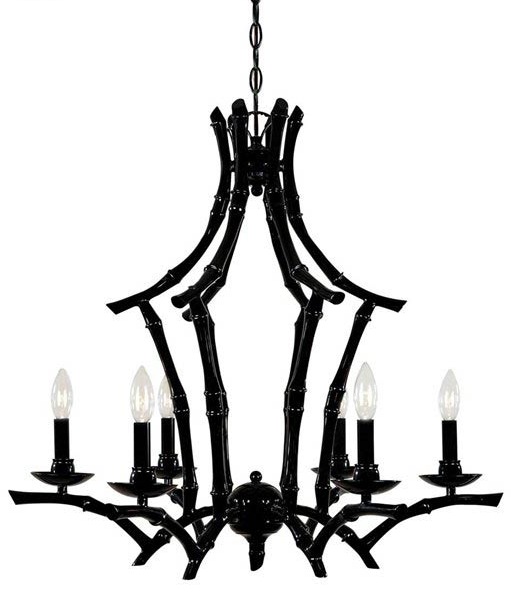 Glossy black bamboo chandelier with raindrop crystals from Arcadia 