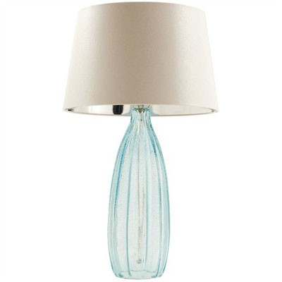 Light blue glass base and white lamp shade from Modern Dose