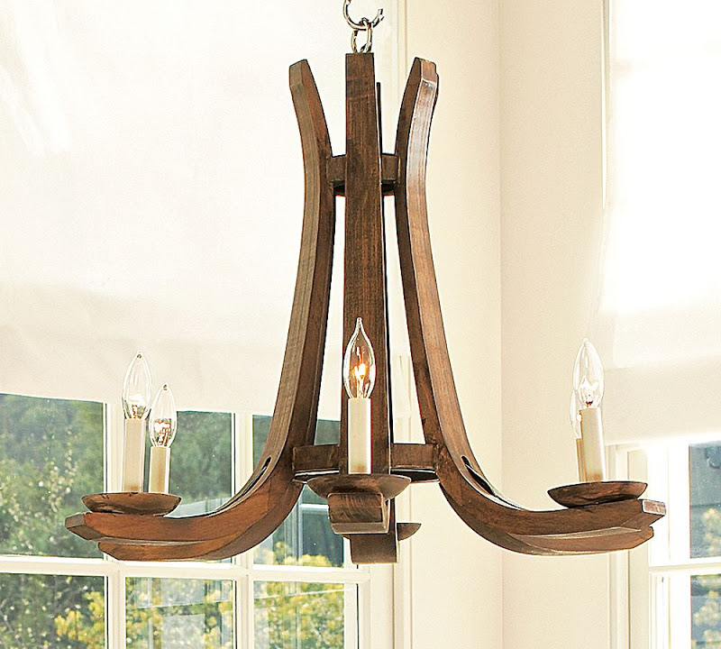 Handcrafted from sustainable wood wine barrel chandelier from Pottery Barn