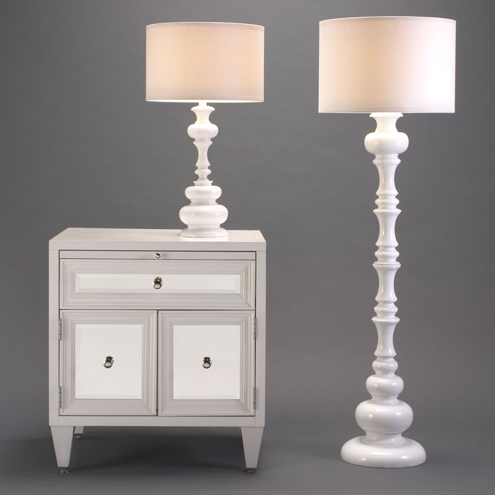 High gloss lacquered white turned floor lamp and matching table lamp from Z Gallerie