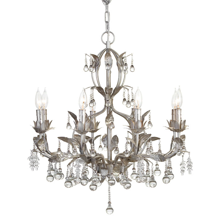 8 arm chandelier features ornamented clear glass beads that hang from cast iron leaves from ZGallerie